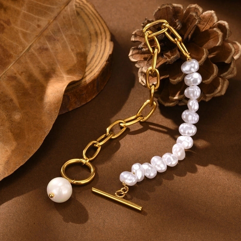 Vintage Style Minimalist Pearl 201 Stainless Steel Imitation Pearl Paperclip Chain Bracelets In Bulk