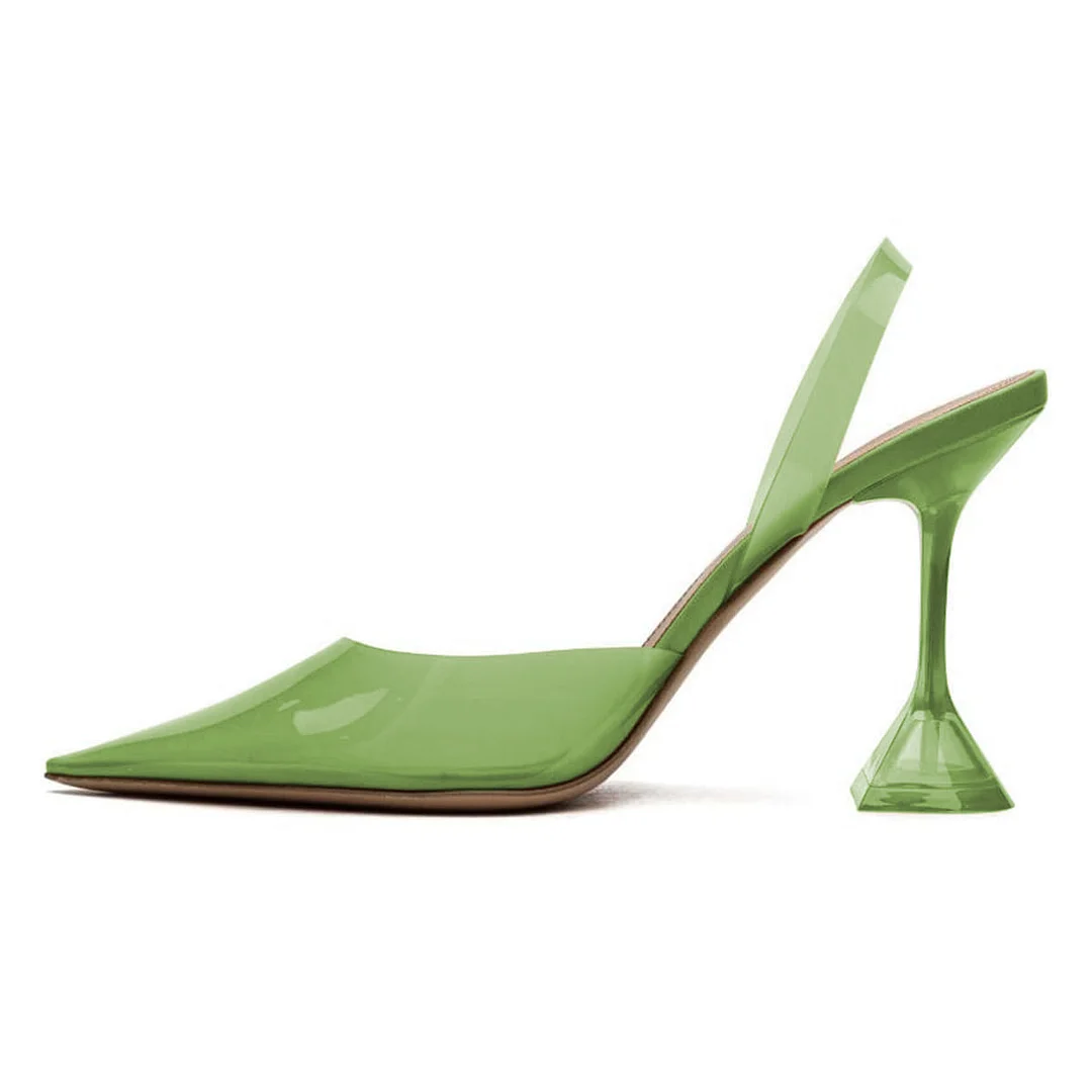Green Transparent Pointed Toe Flared Heel Pumps Shoes with Slingback