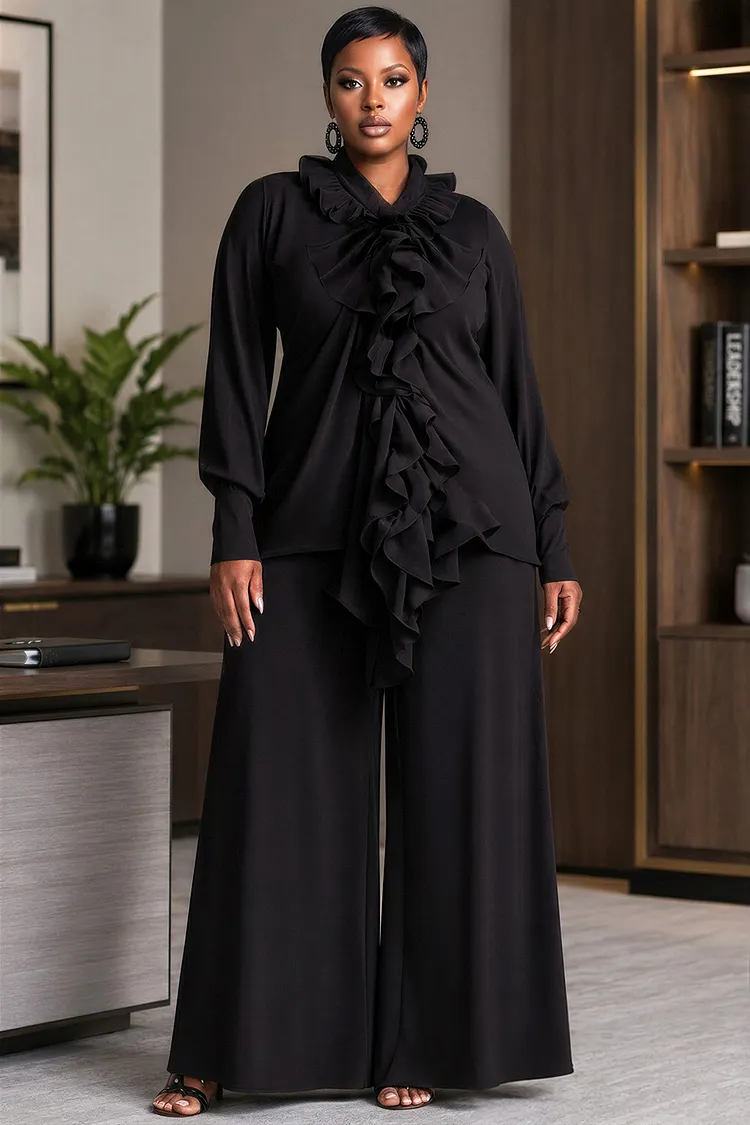 Xpluswear Design Plus Size Business Casual Black V Neck Long Sleeve Ruffle Pocket Two Piece Pant Sets [Pre-Order] 2024 - Xpluswear