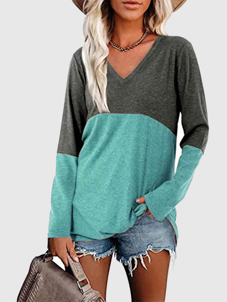 Women's Stitching Solid Color Long Sleeve V-neck Top
