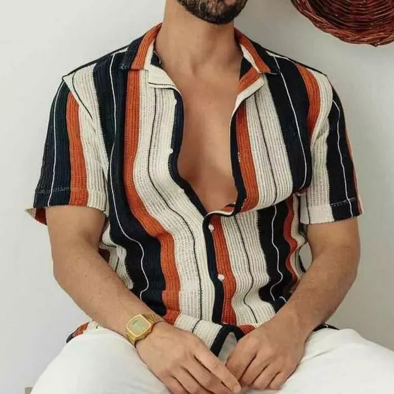 Men's fashion contrast stripe printed short sleeve shirt