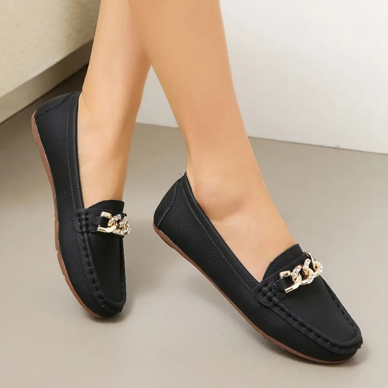 Breakj Breakj And Autumn New Bean Shoes Women's Version Of The Round Head Low Metal Chain Casual Mother Singles Women For A Long Time