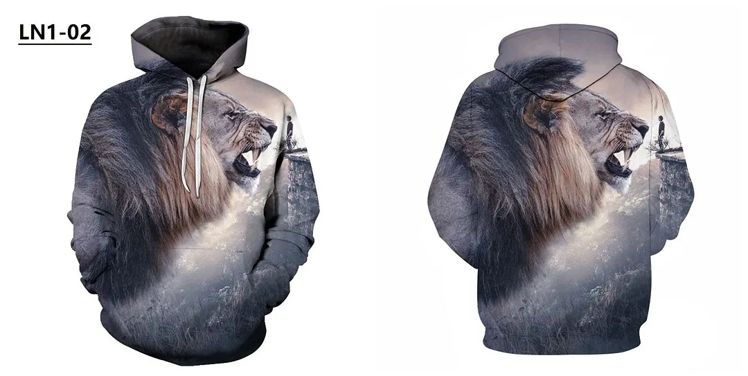 Mens Hoodies with Cap 3D Digital Lion Print Long Full Sleeves Casual Hip Hop Counple Women Clothes Front Pocket Spring Autumn