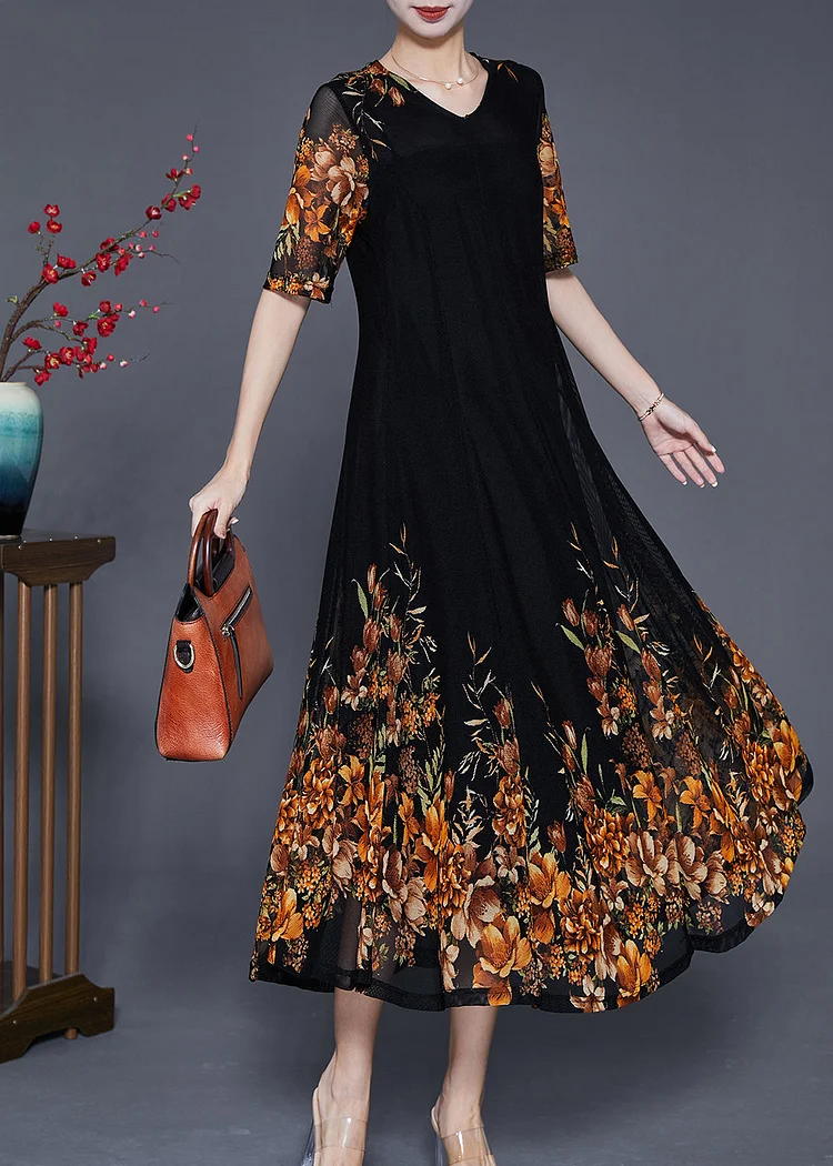 French Black V Neck Golden Floral Tulle Holiday Dress Summer