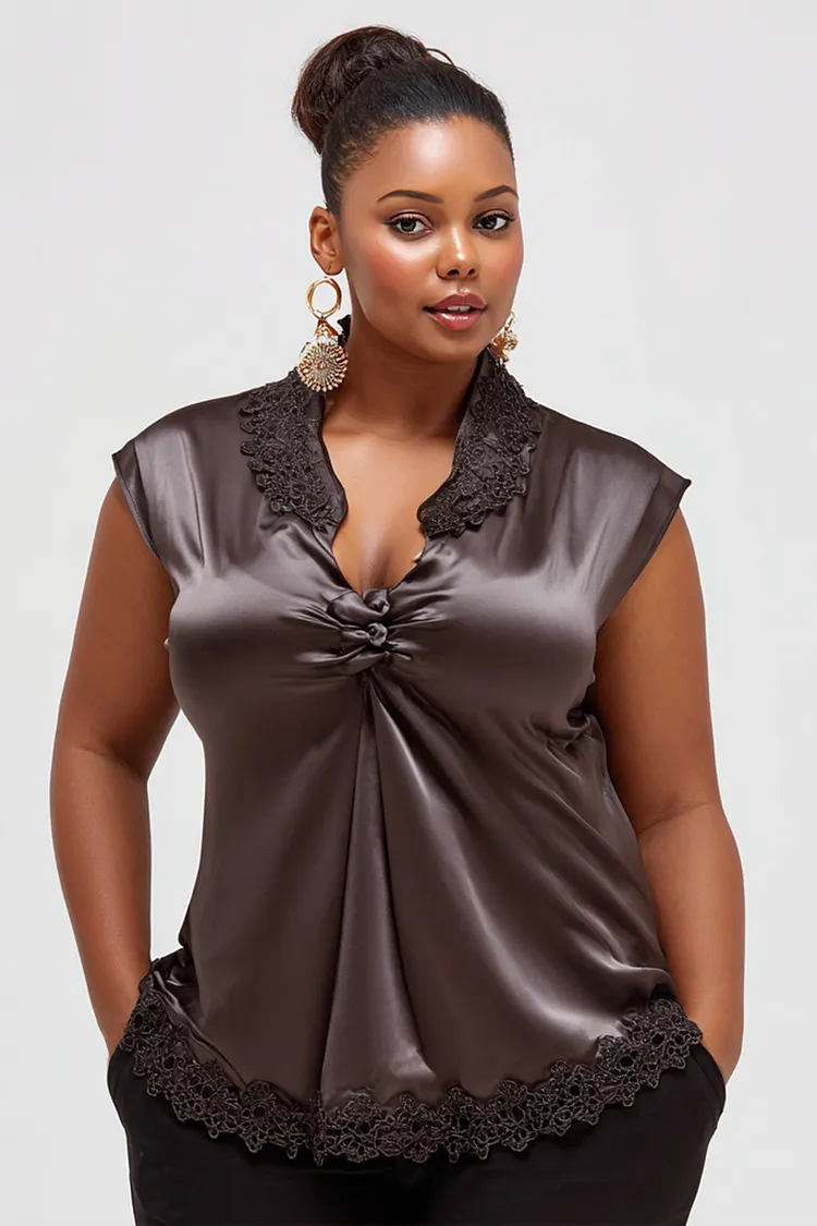 Xpluswear Design Plus Size Business Casual Lace Brown V Neck Fold Satin Tank Tops [Pre-Order] 2024 - Xpluswear