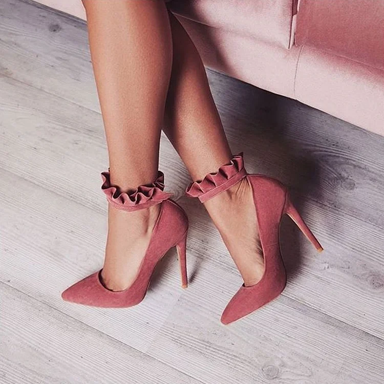 Pink Ruffle Ankle Strap Heels Pointy Toe Suede Stiletto Heels Pumps |FSJ Shoes