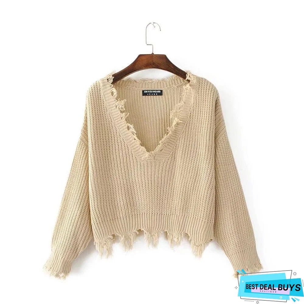 V Neck Fringed Loose Casual Fringed White Sweater