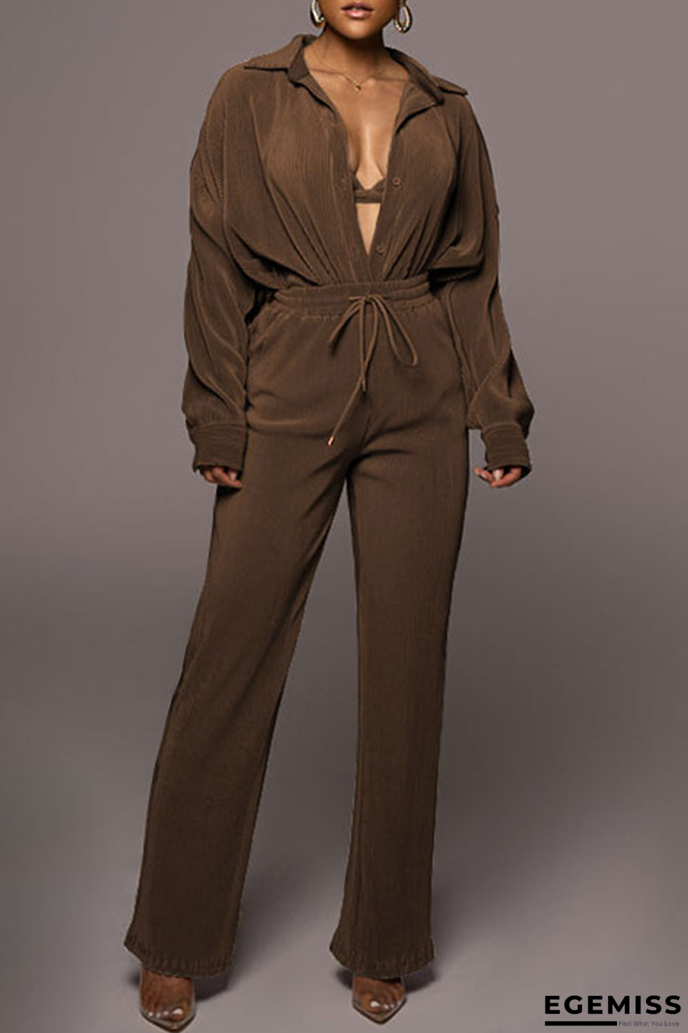 Brown Casual Solid Patchwork Turndown Collar Long Sleeve Two Pieces | EGEMISS