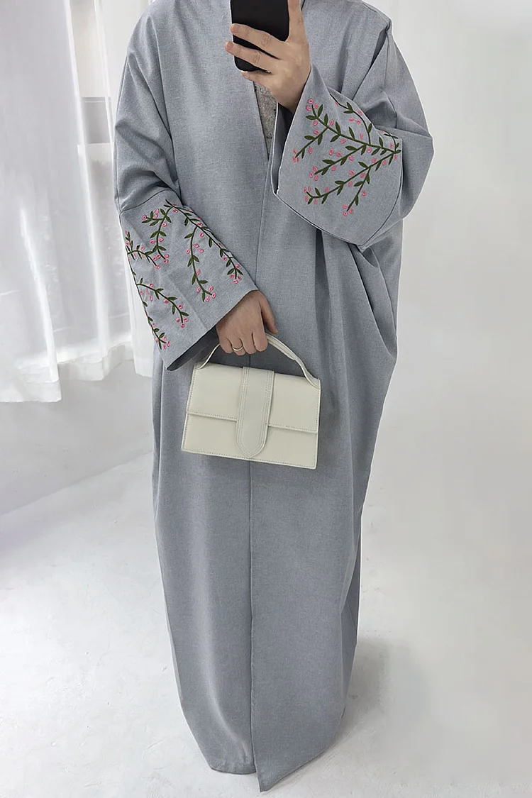 Colorblock Floral Embroidery Abaya Long Cardigan With Chiffon Head Scarf