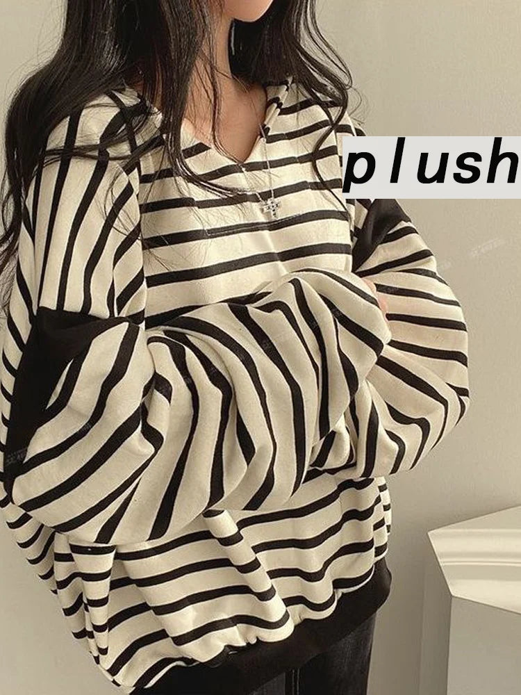 OLCooL 2024 Fall Fashion Striped Hoodie Women Korean Fashion Preppy Style Oversized Sweatshirt Female Autumn Vintage Casual Loose Long Sleeve Y2k Hoodies olcool