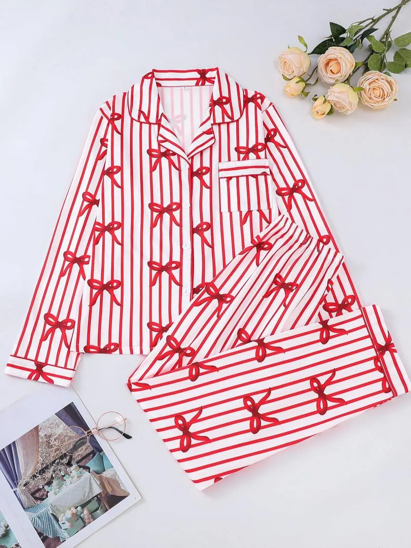 Two-piece Set Women's Bow Print Button Front Pocket Shirt & Elastic Waist Pants Pajama, Casual Comfy Long Sleeve Lapel Neck Top & Trousers Pj Set, Ladies Sleepwear for Spring & Fall