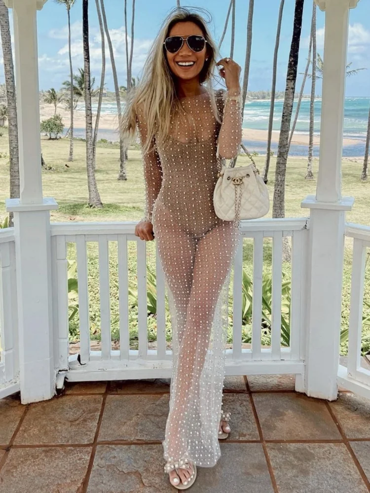 Mesh See Through Women Dress Summer Fashion Pearl Long Sleeve Vacation Beach Dress Maxi Bodycon Club Outfits 2023 Cover up