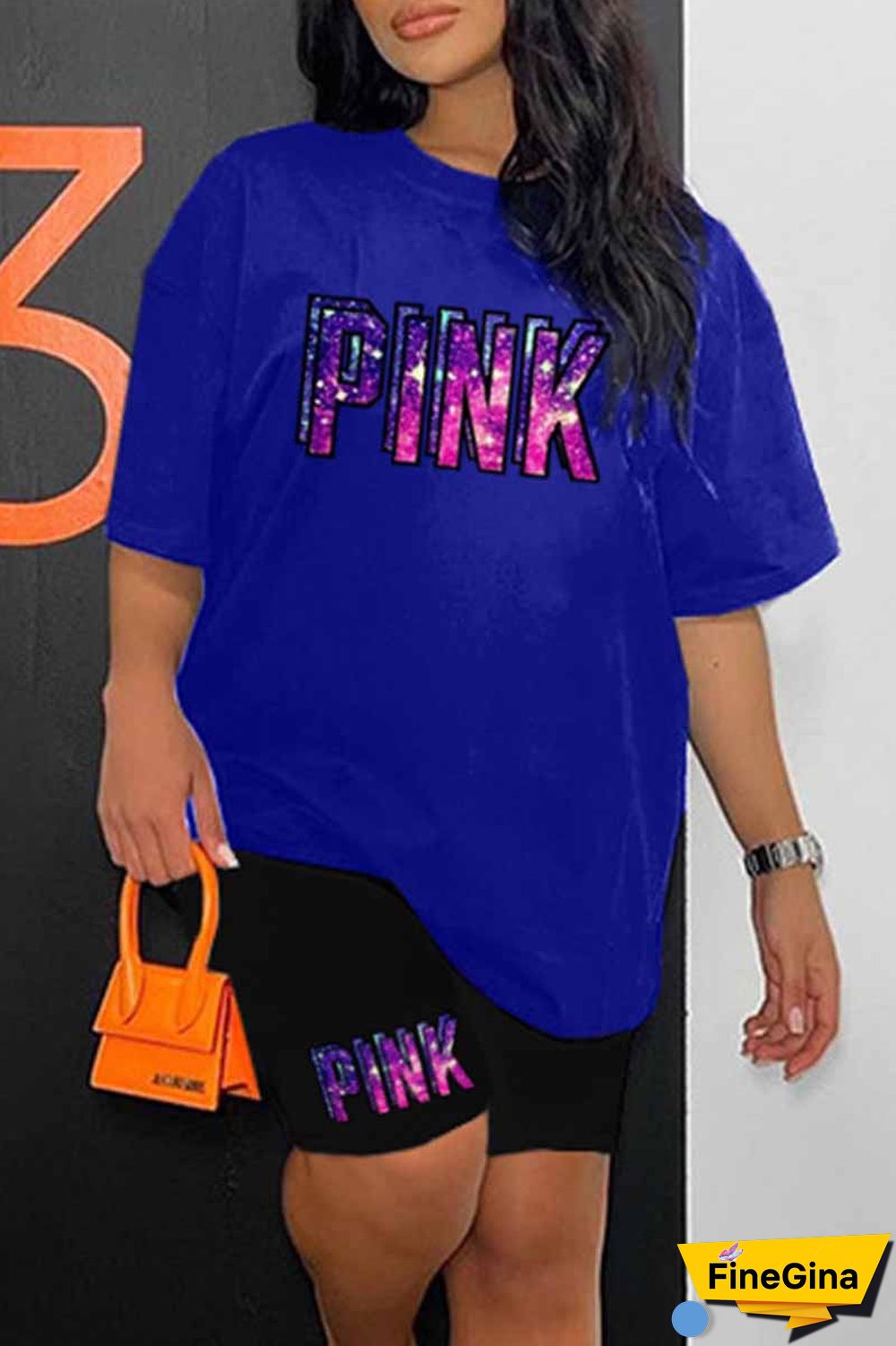 Blue Casual Print Letter O Neck Short Sleeve Two Pieces