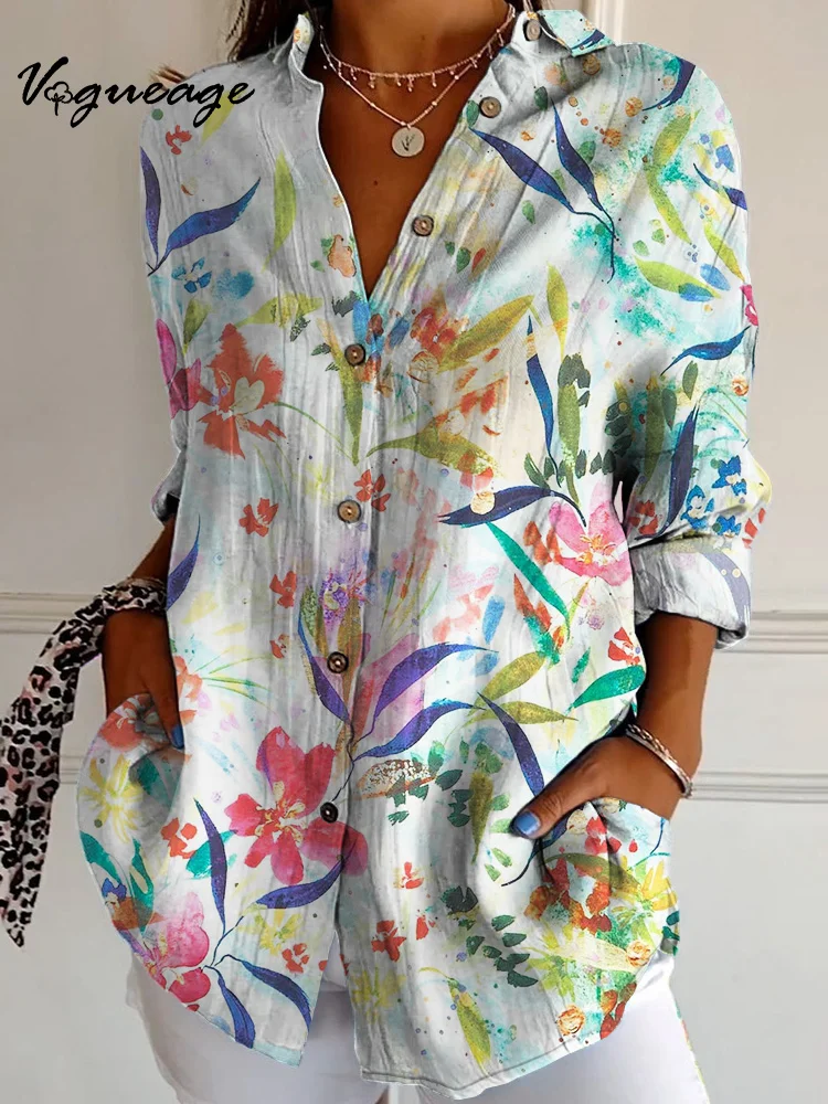 Simple Colorful Ink Flowers Long Sleeves Printed Cotton And Linen Shirt
