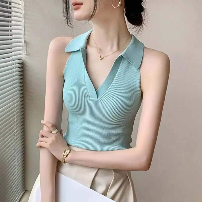 Wongn Camisole Women's New Summer Dopamine Wear V-neck Hooded Halterneck Lapel Sleeveless Top