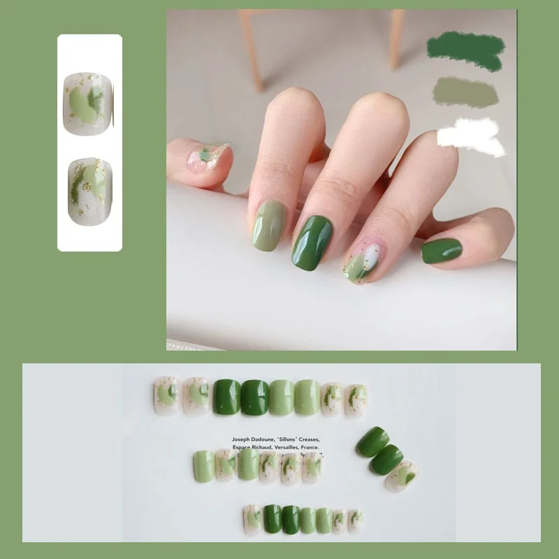 false nails short Green Solid Color with Gold Foil and Shell 3D Decoration Fake Nails Cute Bride Fake Nails Full Nail Tips-Nail Inspo