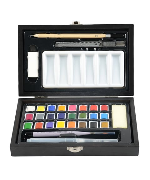 24 Colors Watercolor Paint Set With Wooden Box-Himinee.com