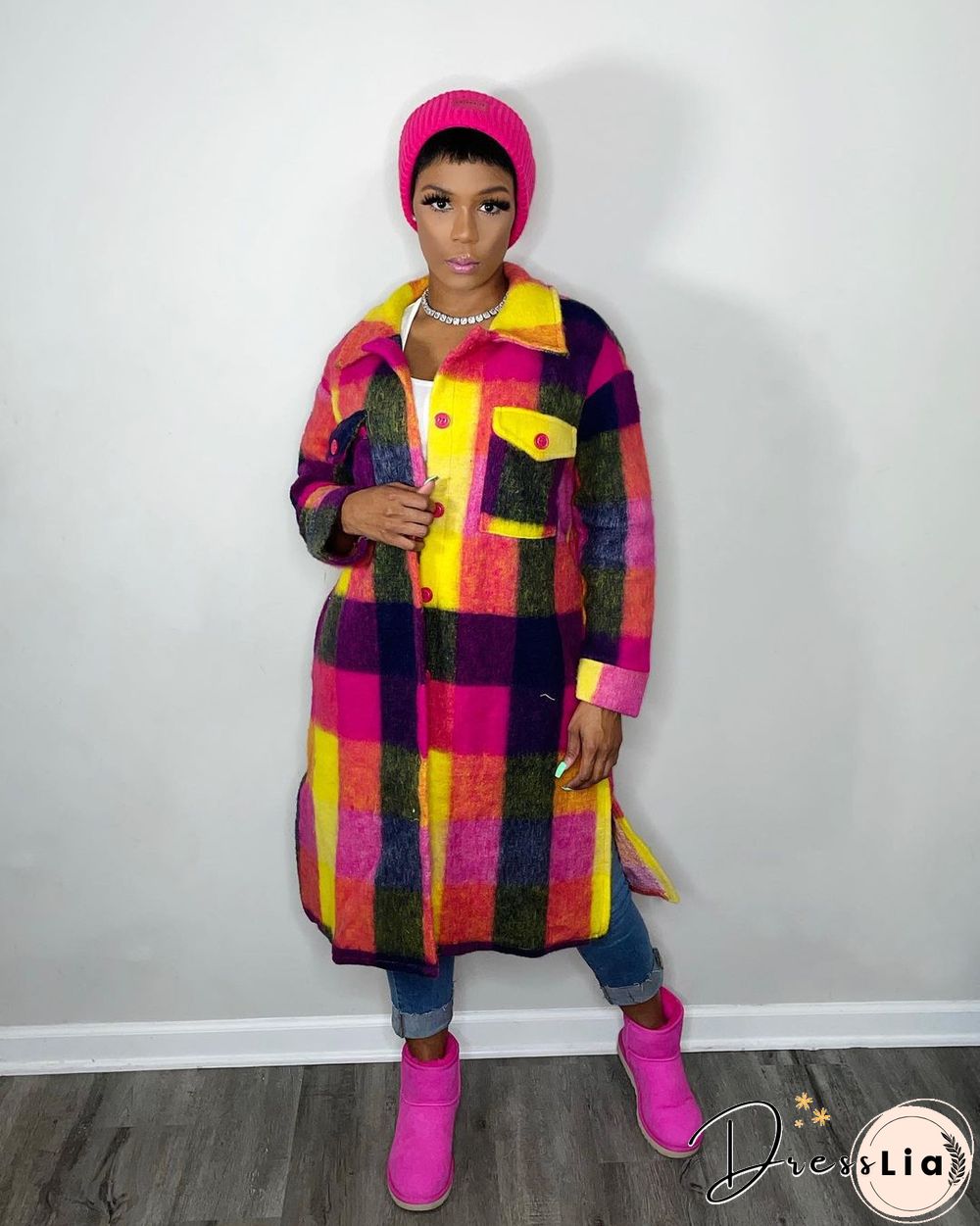 Plaid Lapel Single-breasted Woolen Long Coat