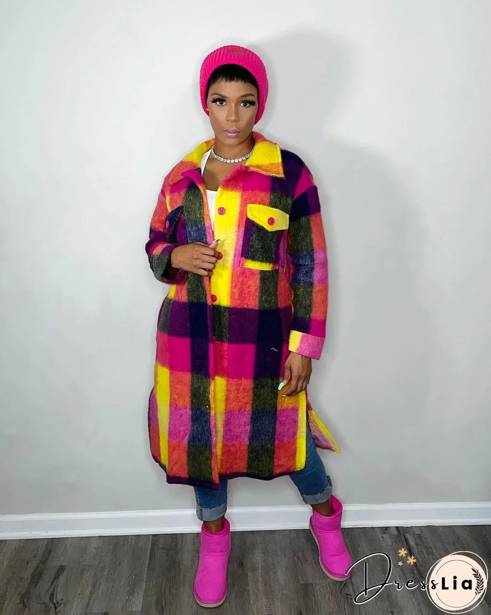 Plaid Lapel Single-breasted Woolen Long Coat