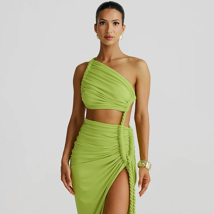 One-shoulder Tube Top Backless Hollow Lace Pleated Dress