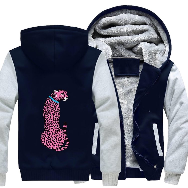 Pink Cheetah Wearing A Blue Collar, Cheetah Fleece Jacket