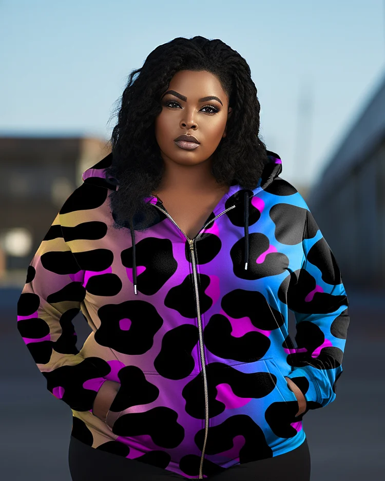 Women's Plus Size Graffiti Colorful Leopard Print Long Sleeve Zip Hoodie
