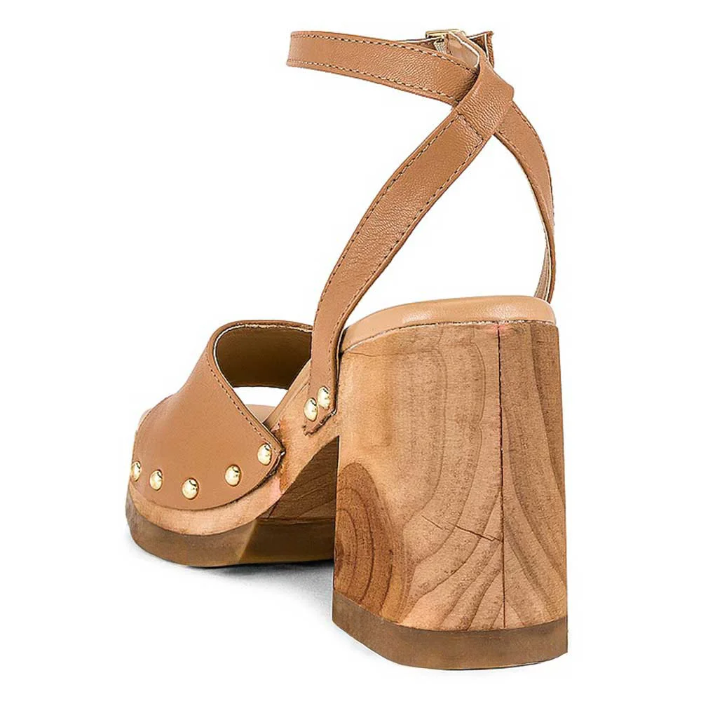 Tan Studded Chunky Heel Platform Sandals with Buckle Ankle Strap
