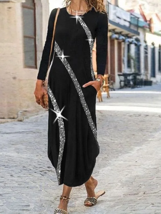 Long Sleeve Casual A-Line Dresses Black Dresses