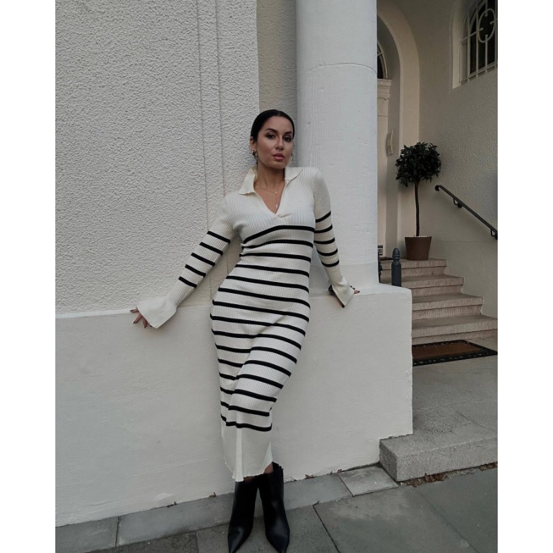Ootddress White High Waist Knitwear Dress Fashion Women Rib Lapel Autumn 2025 Slim Elegant Long Dress Casual Knit Solid Party Dress
