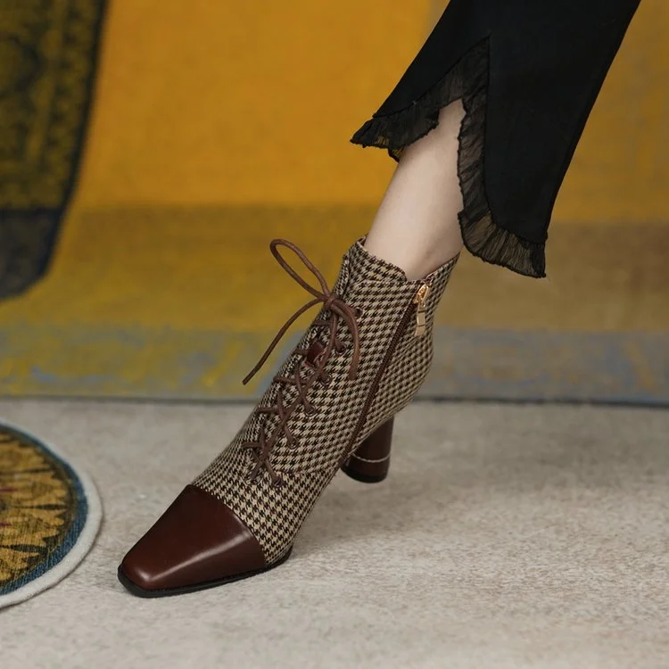 Lourdasprec Fashion Women Boots Checkered Pointed Toe Zipper High Heel Ladies Ankle Boots Office Lady Lace-up Metal Decoration Female Shoes