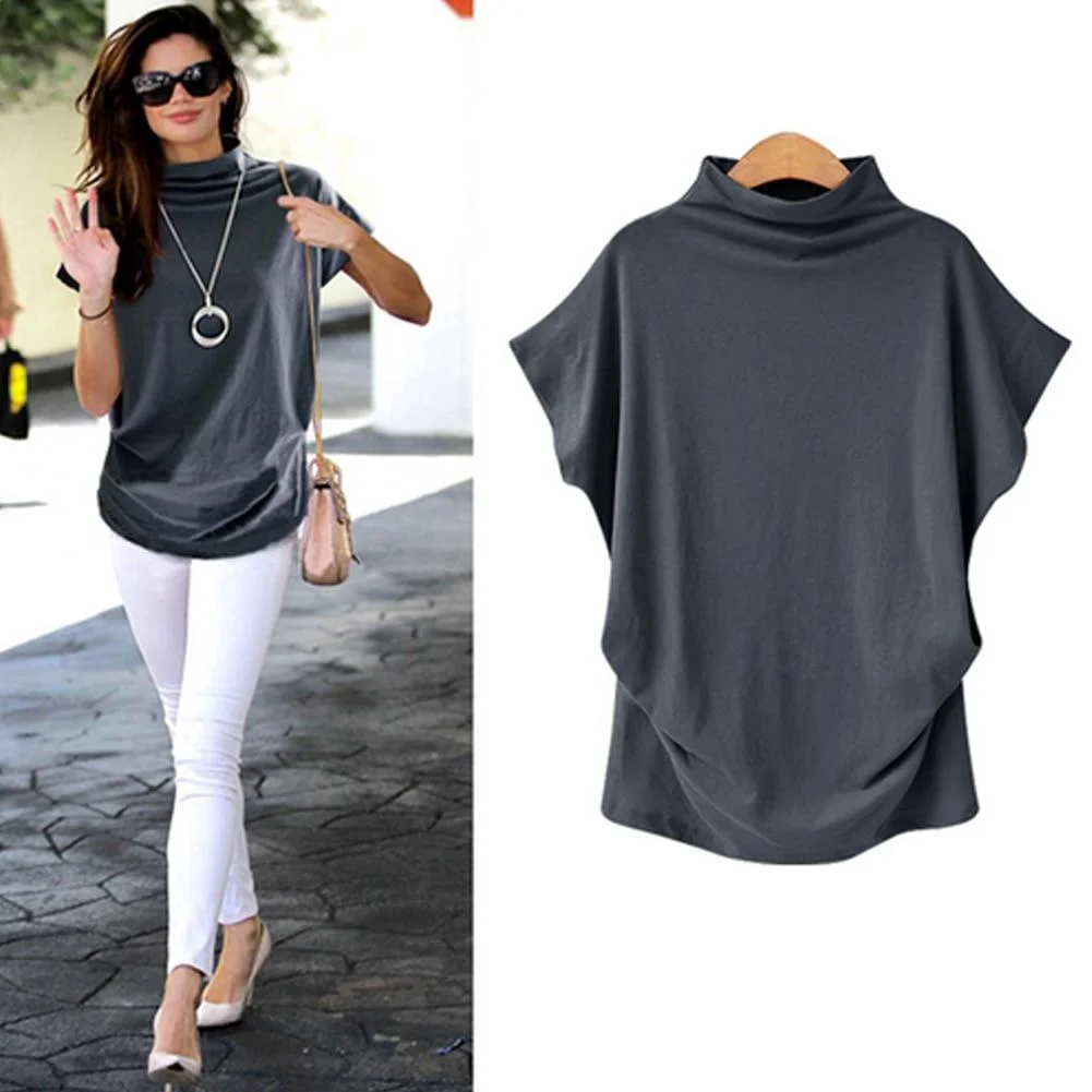 Women Casual Short Batwing Sleeve Loose Tops Solid Black Gray Turtleneck Tee T-Shirts