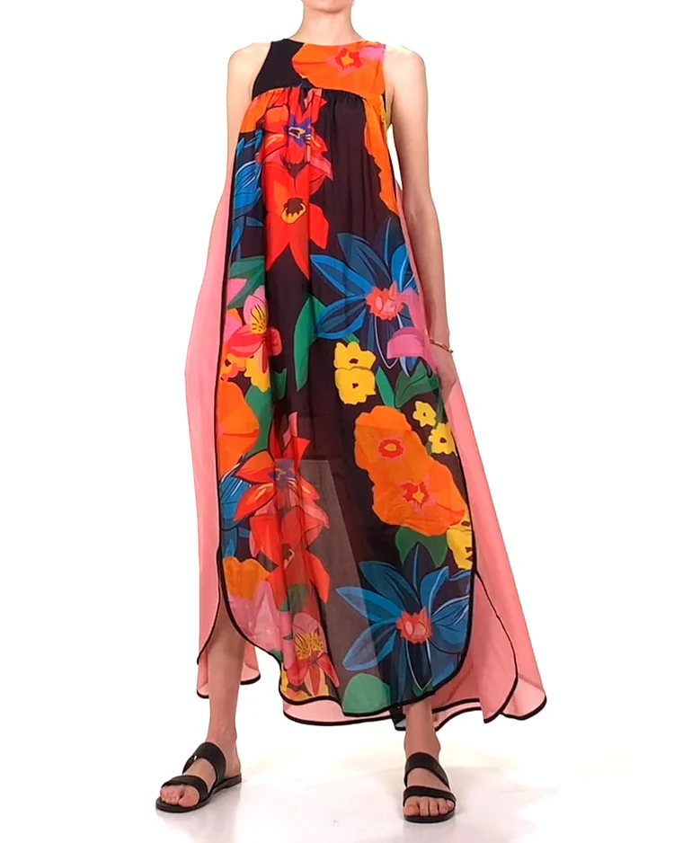 Black Pink Floral Cotton Silk Stassie Dress