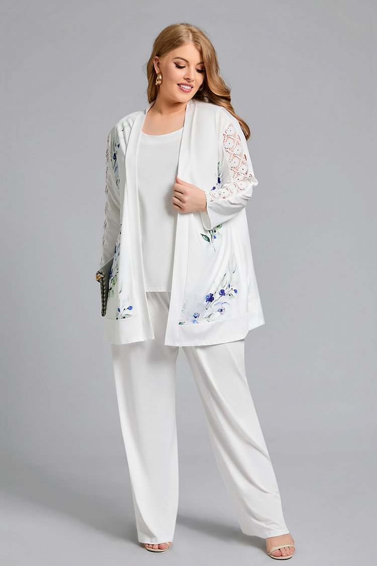 Flycurvy Plus Size Casual White Lace Stitching Print Three Pieces Set Pant Suits  flycurvy [product_label]