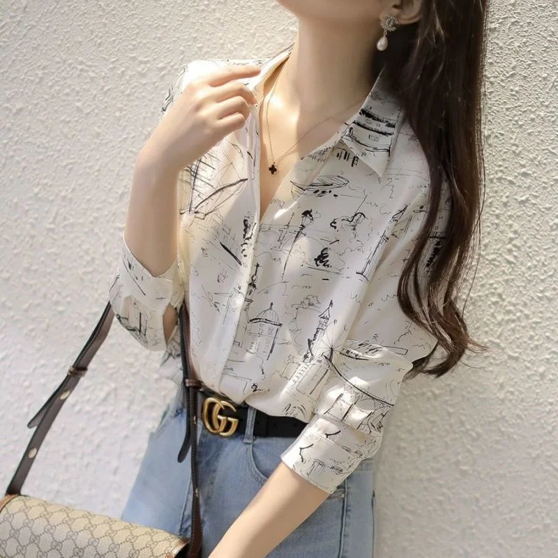 Long Sleeve Women Blouses Print Shirts Business Tops 2021 Spring New Ladies Solid Chiffon Shirt Breathable Vintage Oversized