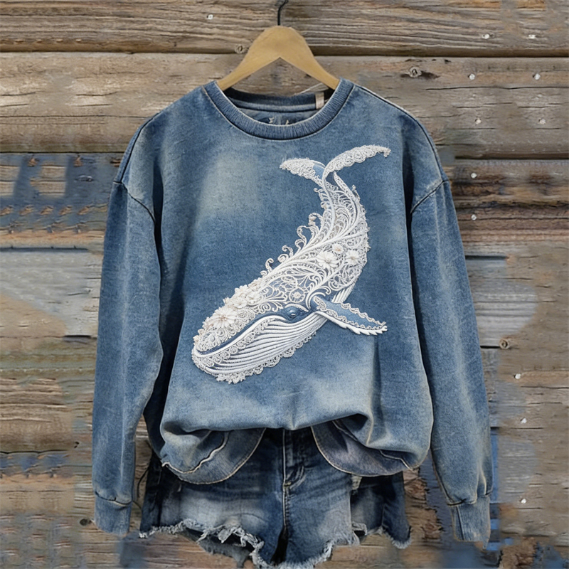 Classy Whale Floral Lace Seascape Washed Sweatshirt wearshes