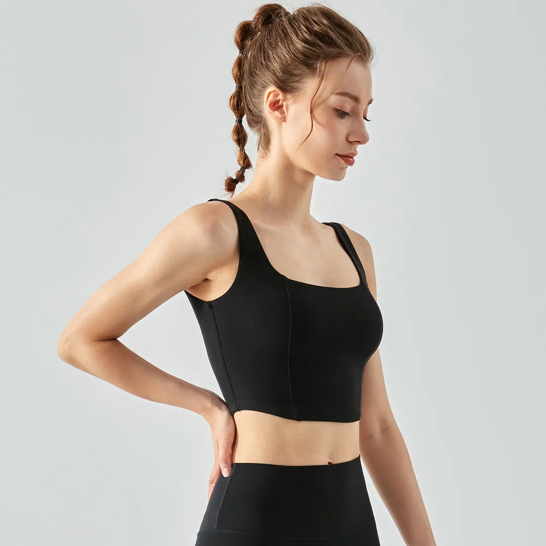 Different types Black of ladies fishbone line naked feeling square neck yoga gym sports vest online shopping on Hergymclothing