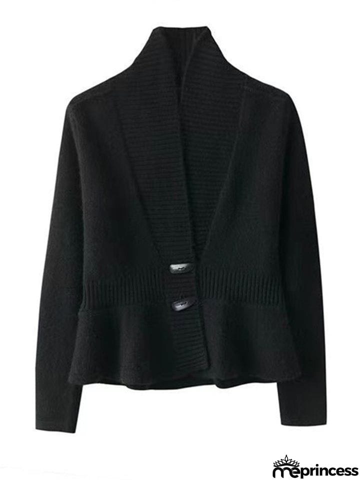 French Style V Neck Ruffled Hem Sweater for Lady