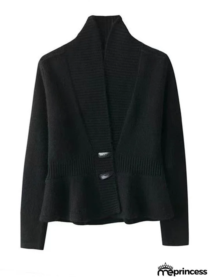 French Style V Neck Ruffled Hem Sweater for Lady