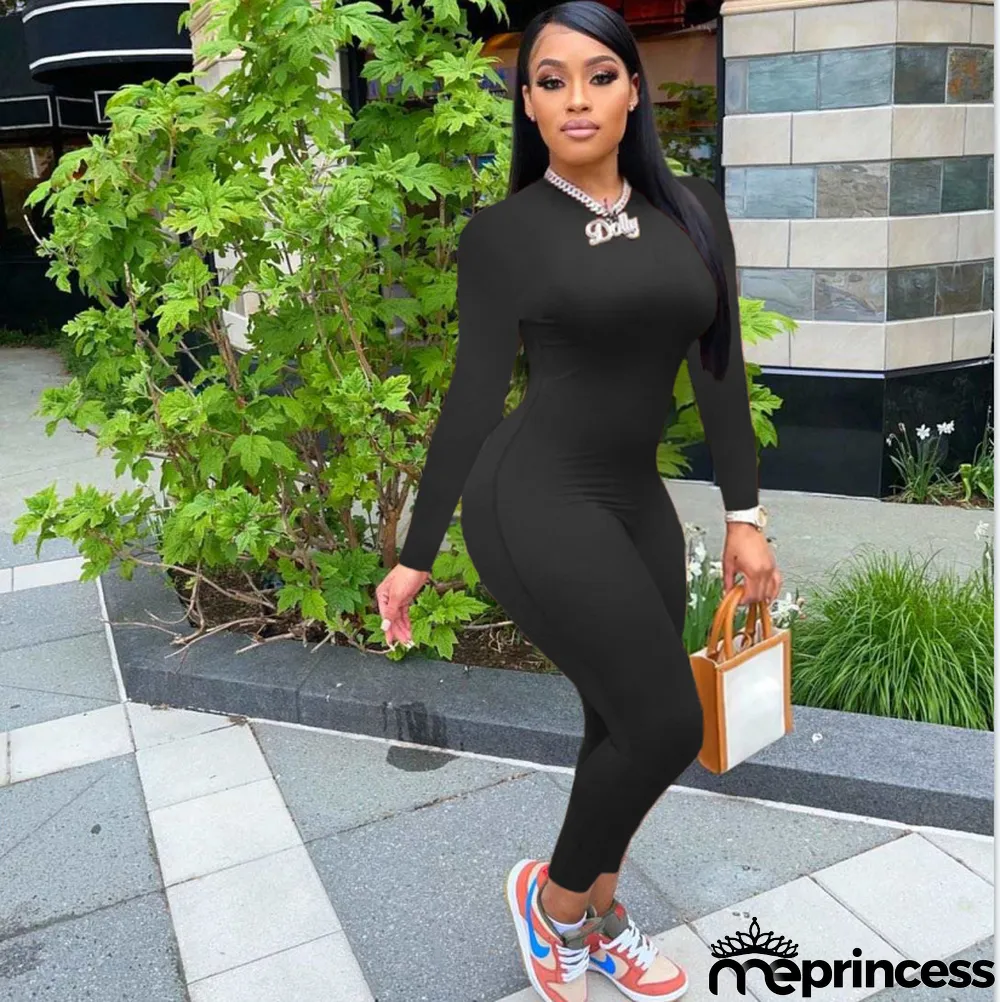 Solid Long Sleeve Skinny Jumpsuit