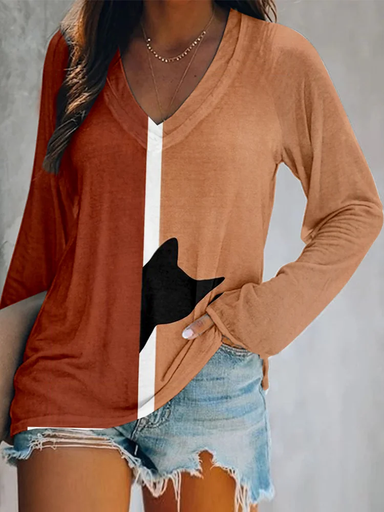 Comstylish Peeking Black Cat V Neck Casual T Shirt