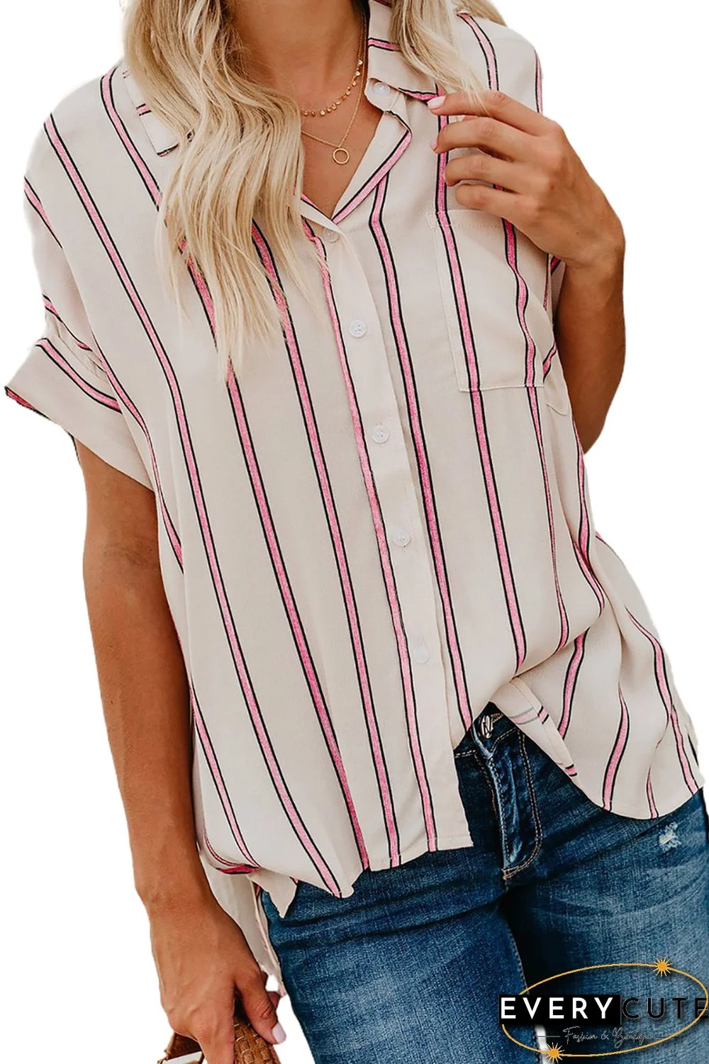 Pink Striped Short Sleeve Buttoned Pocket Shirt