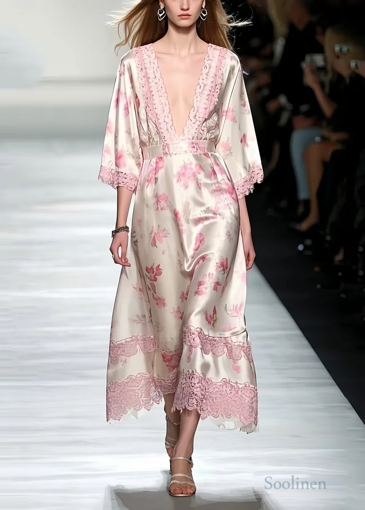 Unique Pink Print Patchwork Lace Silk Maxi Dresses Bracelet Sleeve