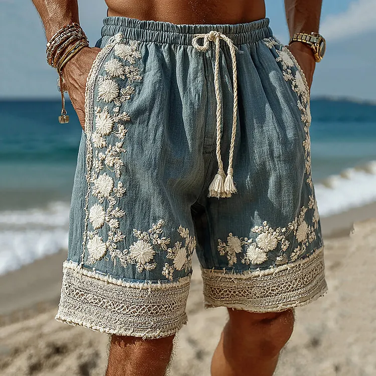 Men's Vintage Floral Embroidered Art Print Flowy Linen Blend Casual Shorts
