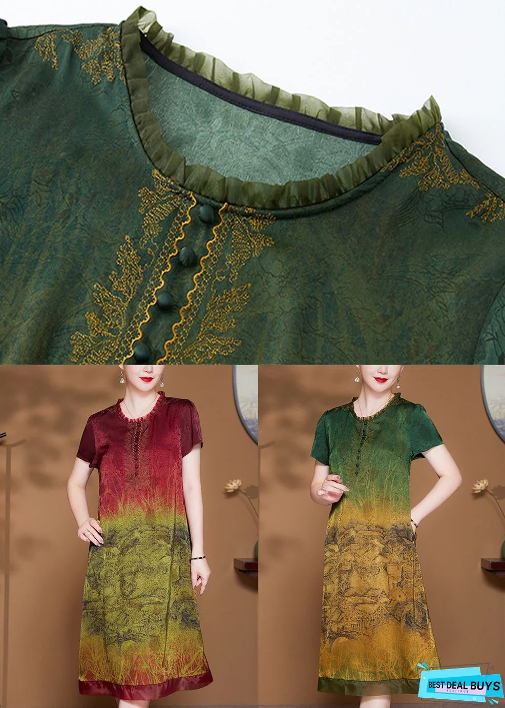 Red Print Pockets Silk Dress O-Neck Short Sleeve