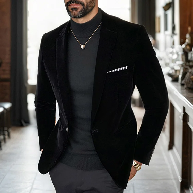 Okaywear Velvet One Button Notch Lapel Chest Pocket Blazer Okaywear