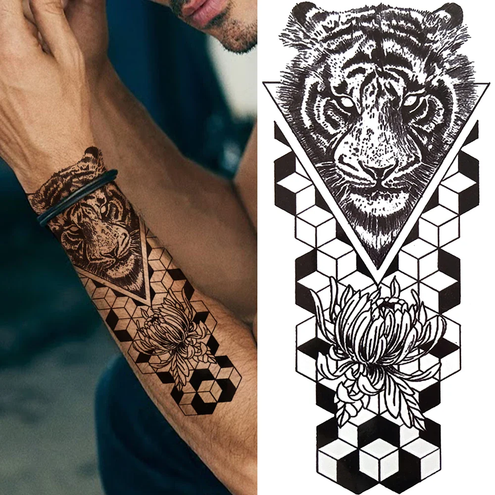 Sdrawing Skeleton King Temporary Tattoo For Women Men Kids Black Deer Dragon Lion Tribal Totem Tattoo Sticker Geometric Tatoo