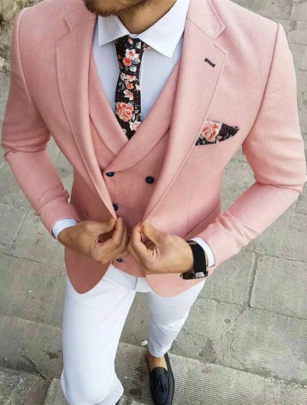 Handsome 3 Pieces Best Evening Suits For Man Gentle Pink With Notched Lapel