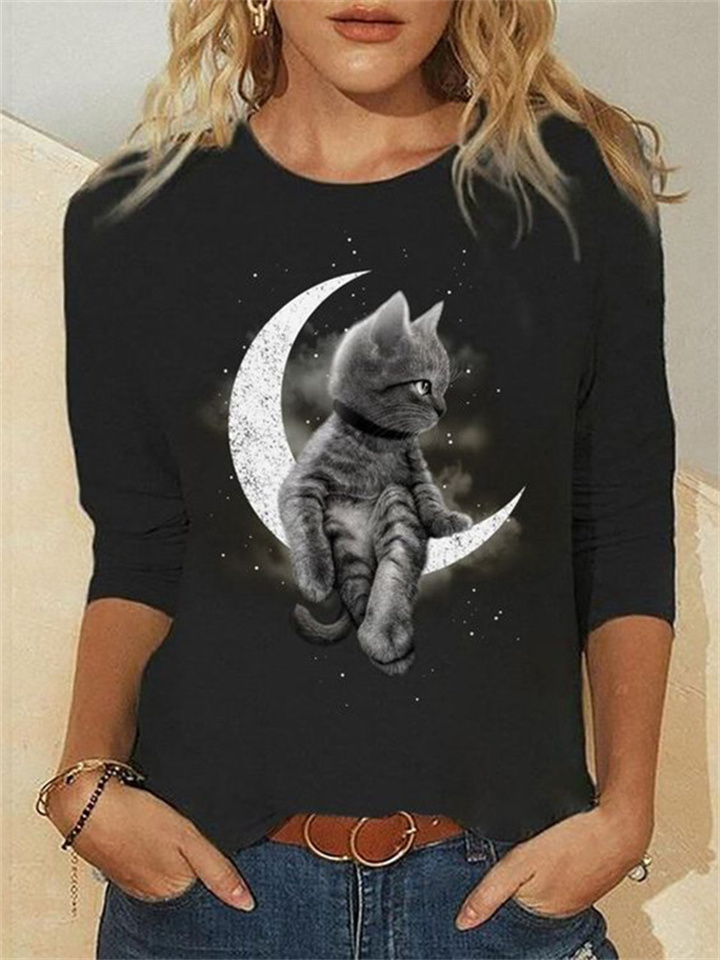 Round Neck Black Long Sleeve Moon Cat Fashion Tops Women's S M L XL 2LX 3XL