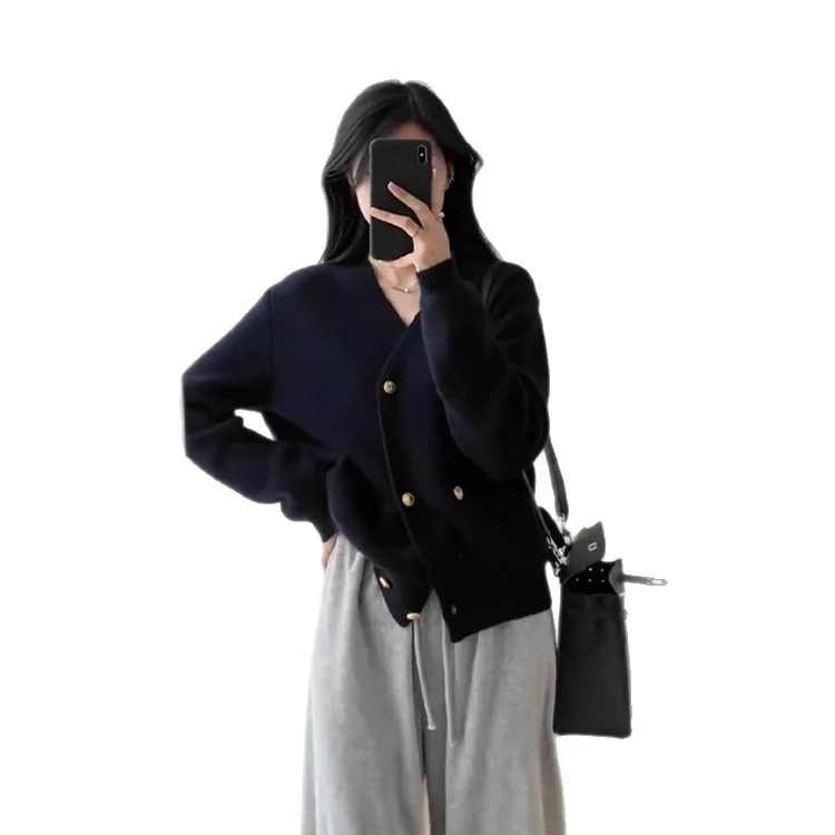 Athvotar Athvotar And Winter French Retro Black V-Neck Sweater Girl Languid Retro Knitted Jacket Top