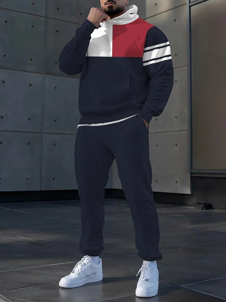 Men's fashion casual color matching polo printed hoodie two-piece set